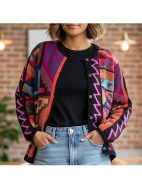 Alpacas Rural 100% BABY ALPACA 🦙 geometric pattern vibrant cardigan M-L